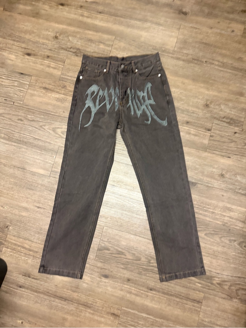 Revenge Clothing Charcoal Gray Straight Jeans with Teal Graphic